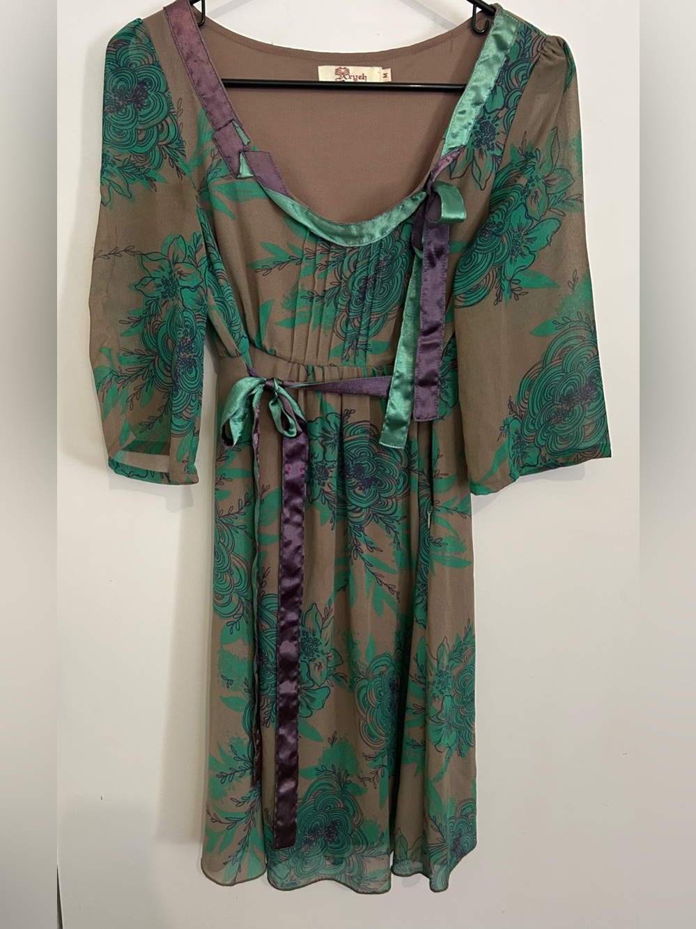 Aryeh Green Floral Chiffon Midi Dress with Purple & Turquoise Satin Trim